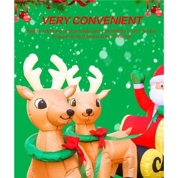 8 FT Long Inflatables Santa on Sleigh with 2 Reindeer Christmas Decoration - Picture 5 of 6